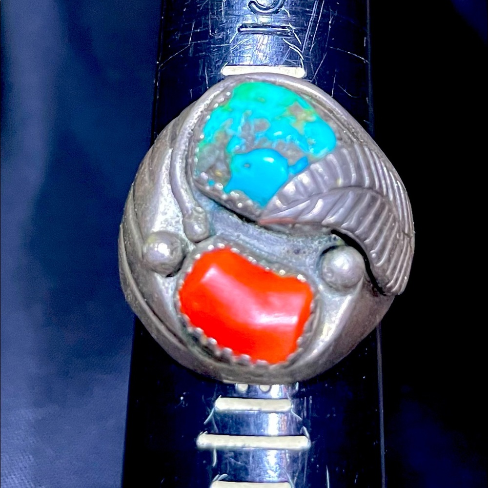 Vtg Men’s Old Pawn Silver Turquoise and Coral Ring